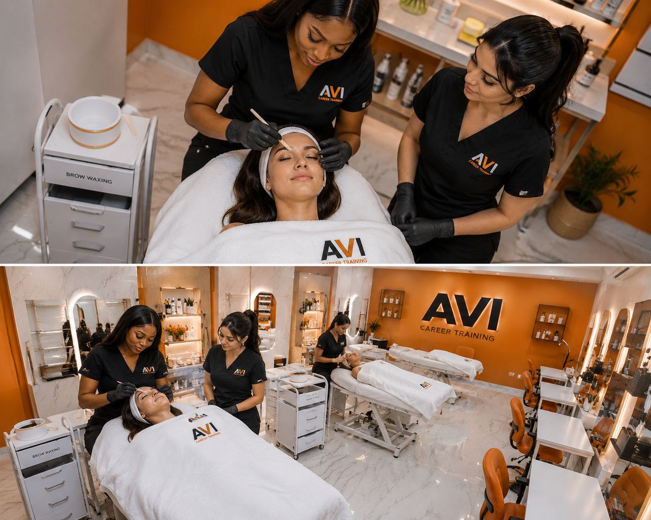 Basic Esthetics students practicing facial techniques at AVI Career Training in Tysons Corner Virginia