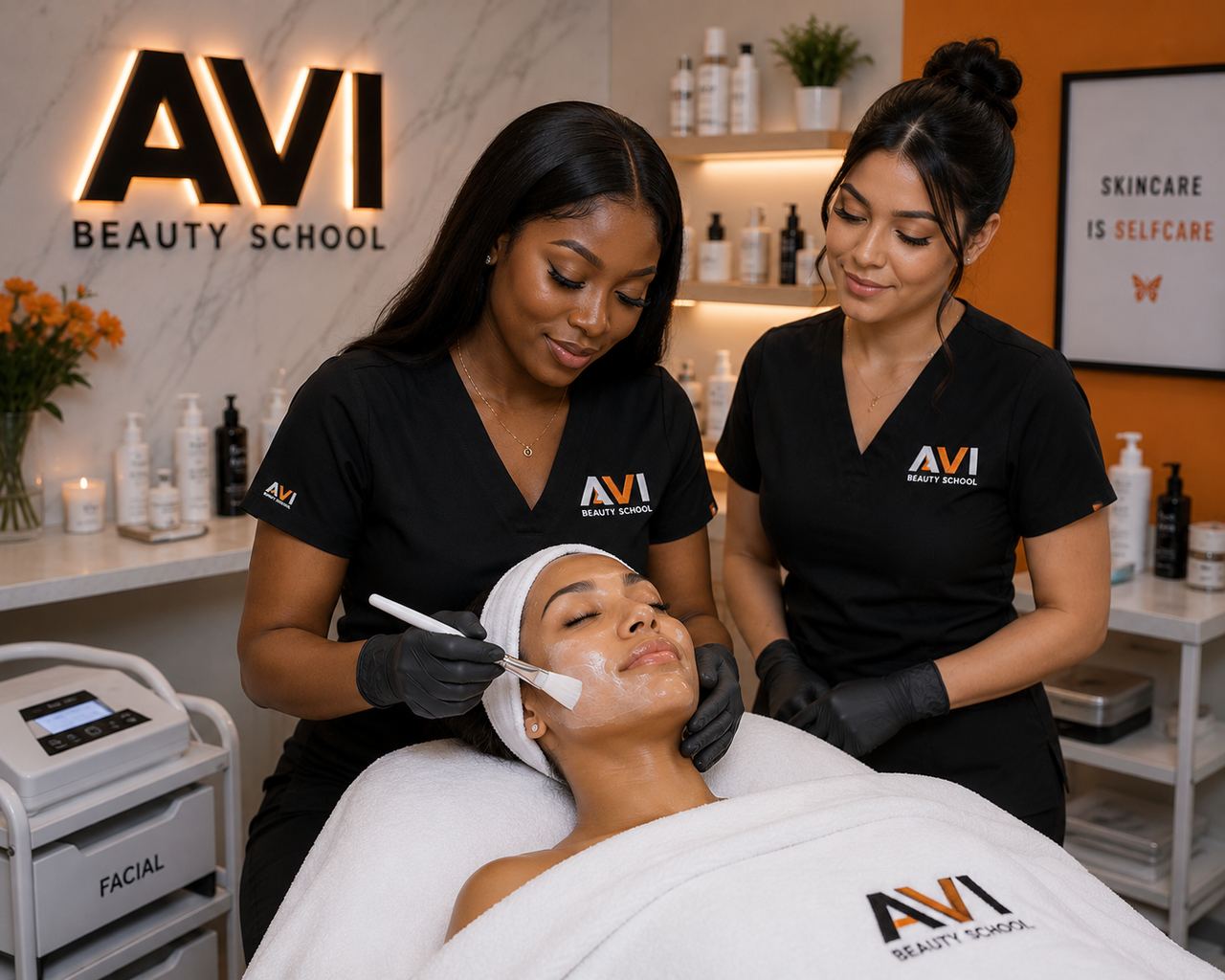 AVI Career Training basic esthetics skincare program students in classroom
