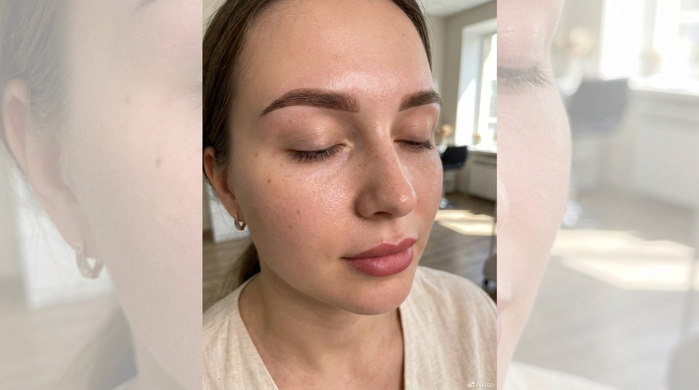 Close-up results of ombre powder brows and lip blush permanent cosmetic tattooing