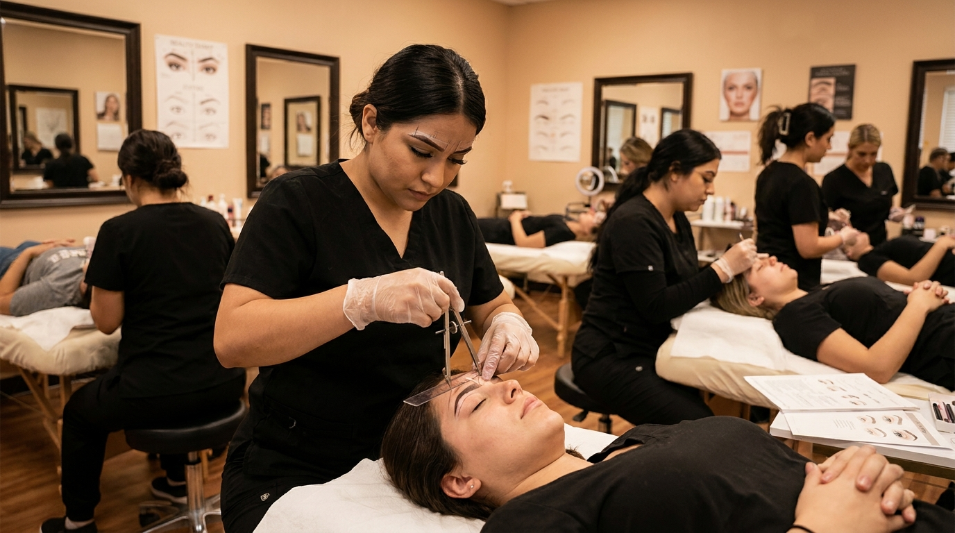 Student practicing eyebrow mapping and design in permanent cosmetic tattooing training