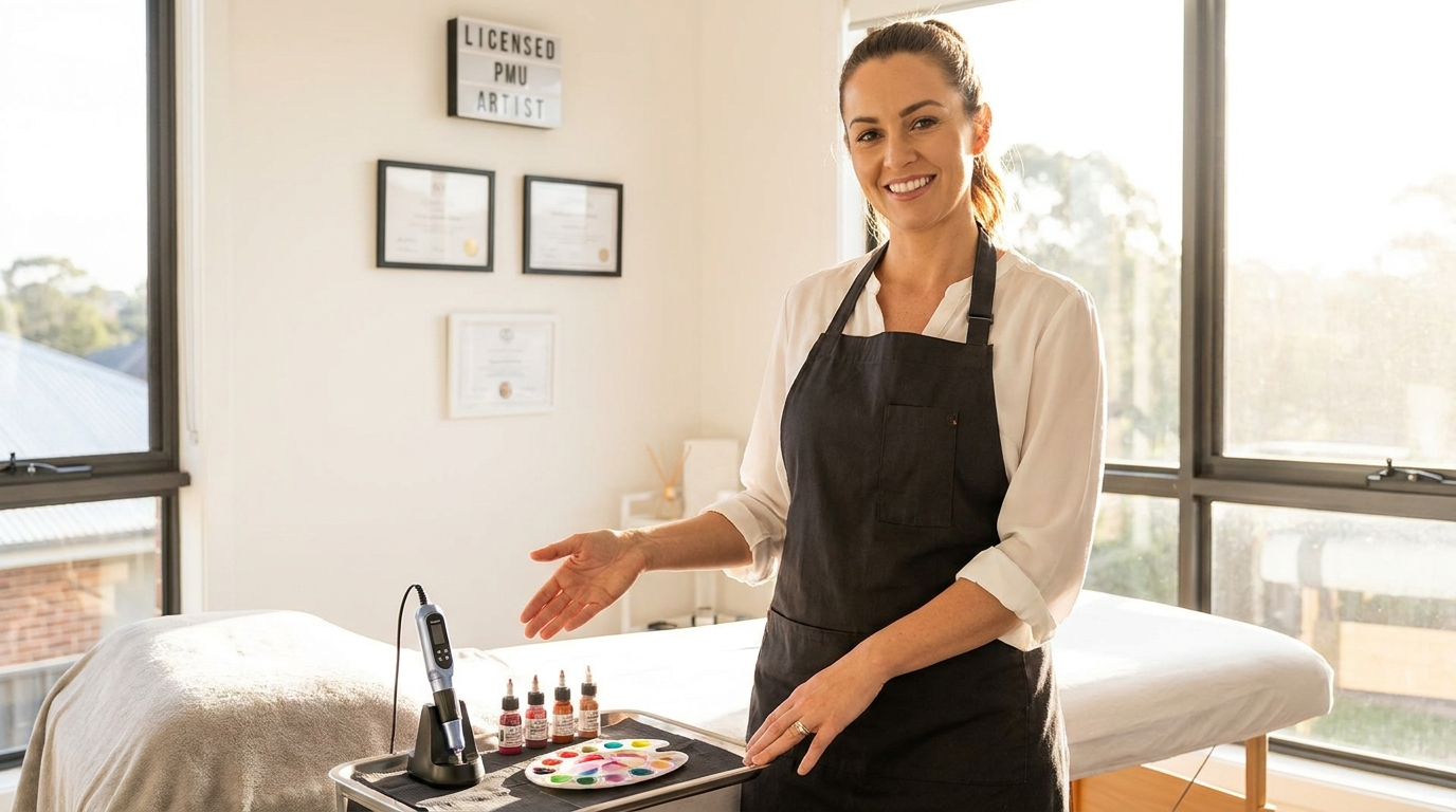 Licensed permanent cosmetic tattooing artist in professional beauty studio