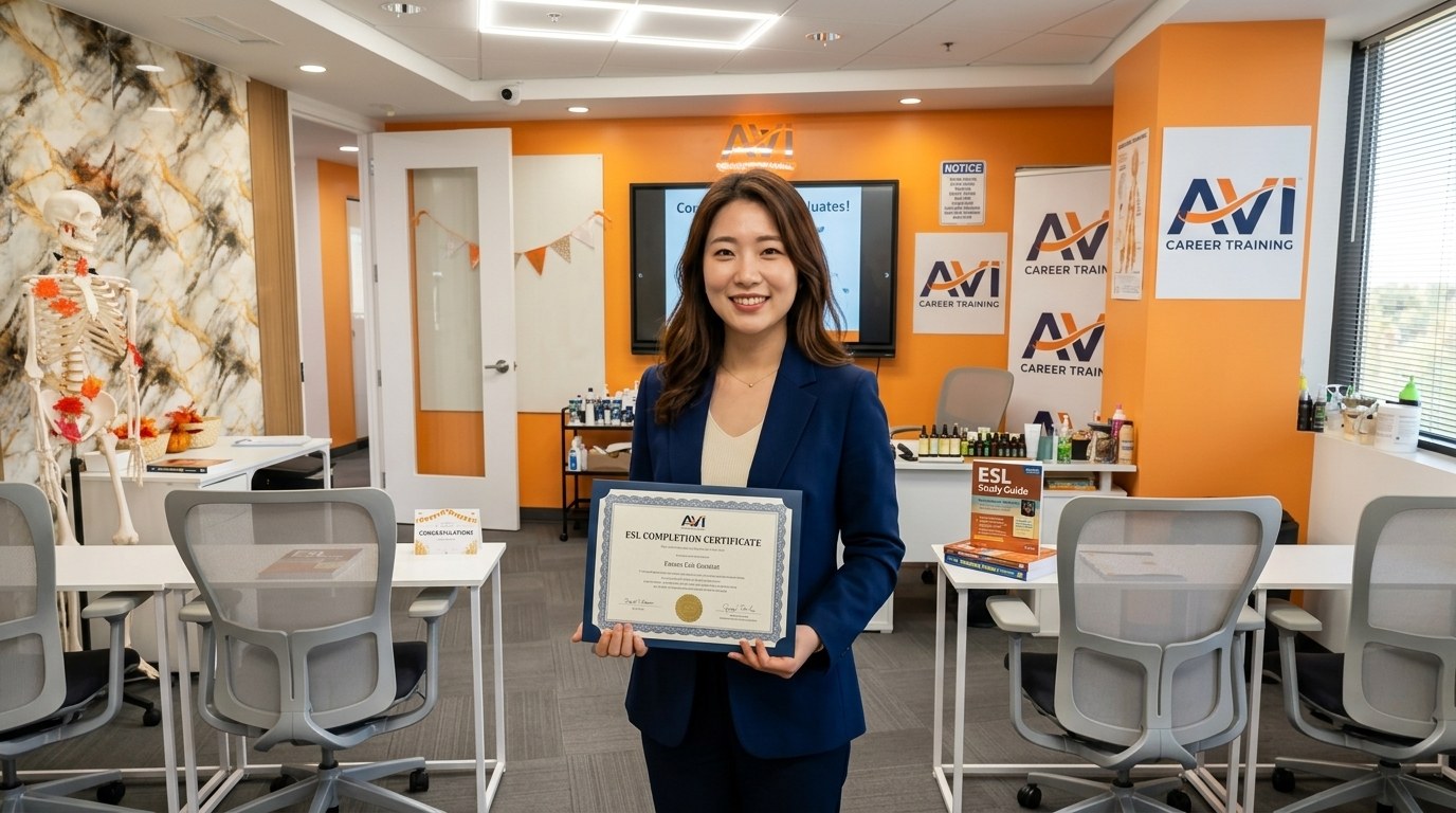 ESL graduate holding completion certificate at AVI Career Training