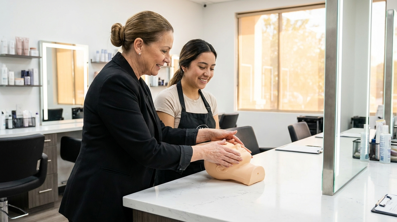 Beauty school instructor mentoring student during hands-on training
