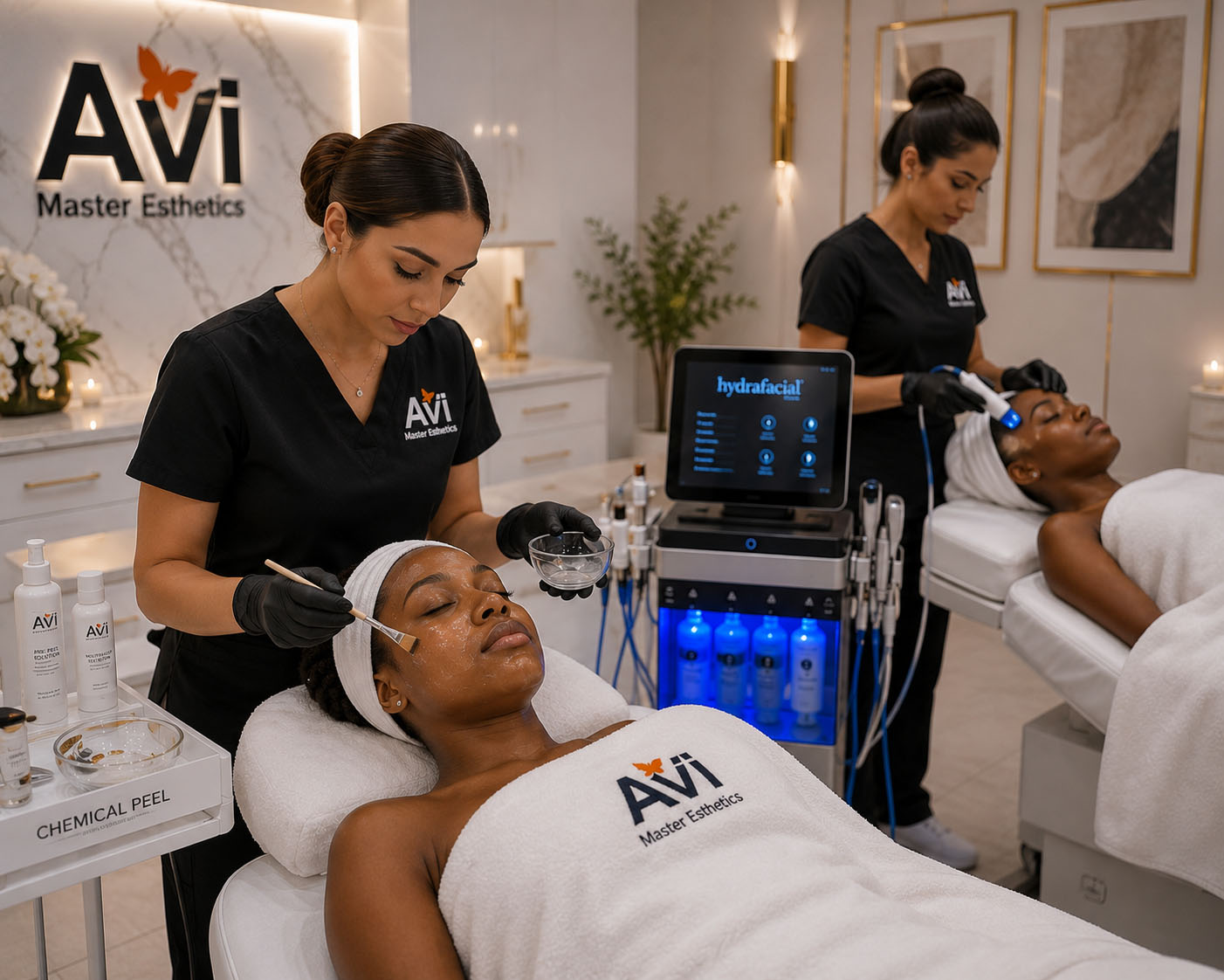 Master esthetics students performing advanced skincare treatments at AVI Career Training