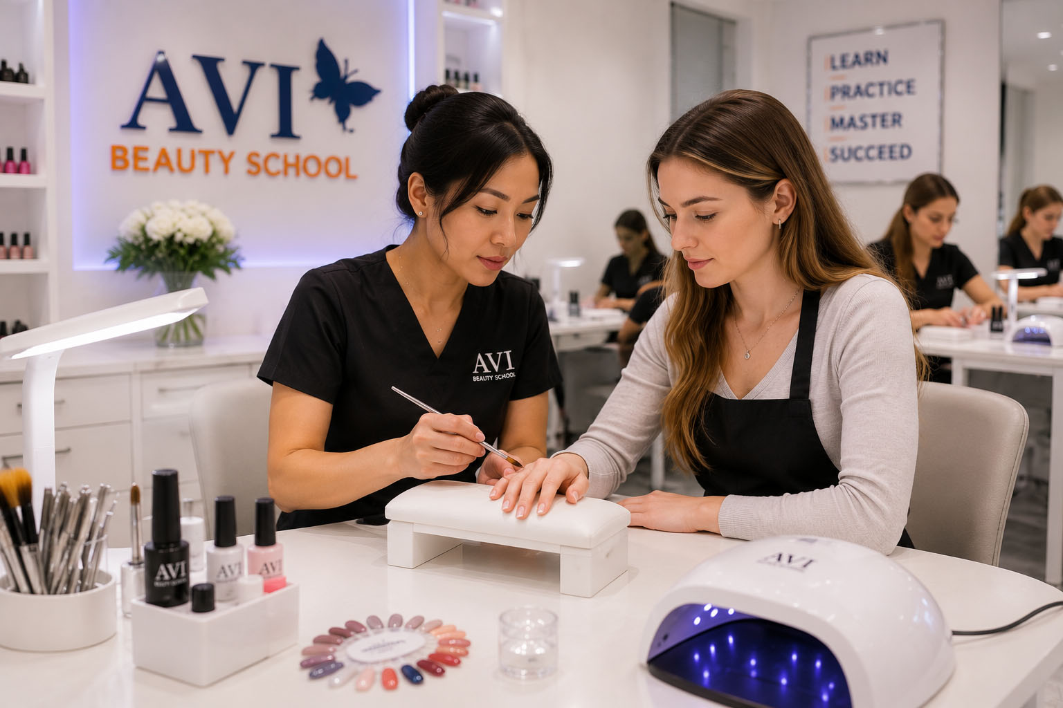 AVI nail technician student practicing